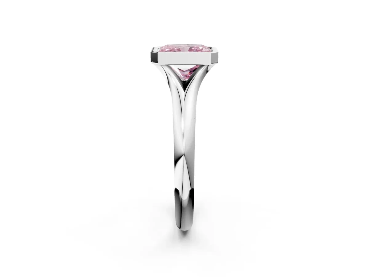 Fancy Pink Bezel Set Radiant Cut Solitaire Diamond Ring with Smooth Band Platinum