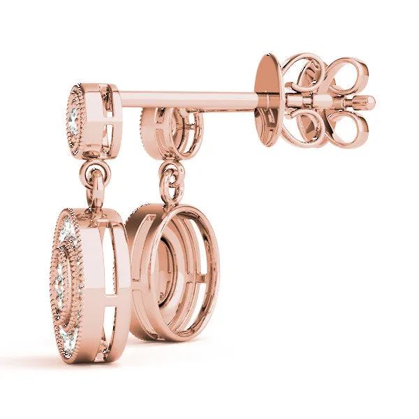 Round Halo Diamond Drop Earrings with Milgrain Bezel Setting Rose gold
