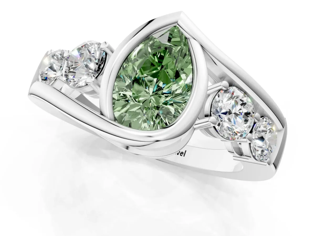 Fancy Green Bezel Set Pear Cut Diamond Bypass Ring with Round Accents Silver