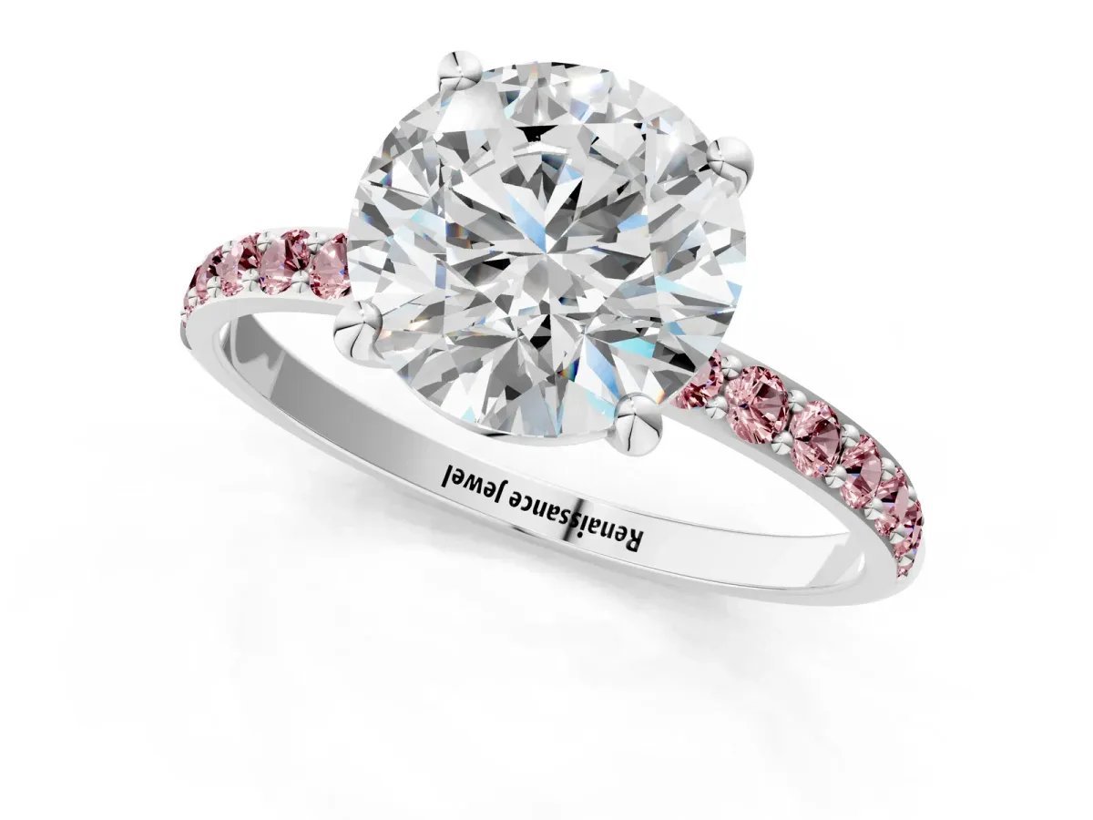 Round Cut Diamond Solitaire Ring with Round Morganite Pavé Band and Prong Setting Silver