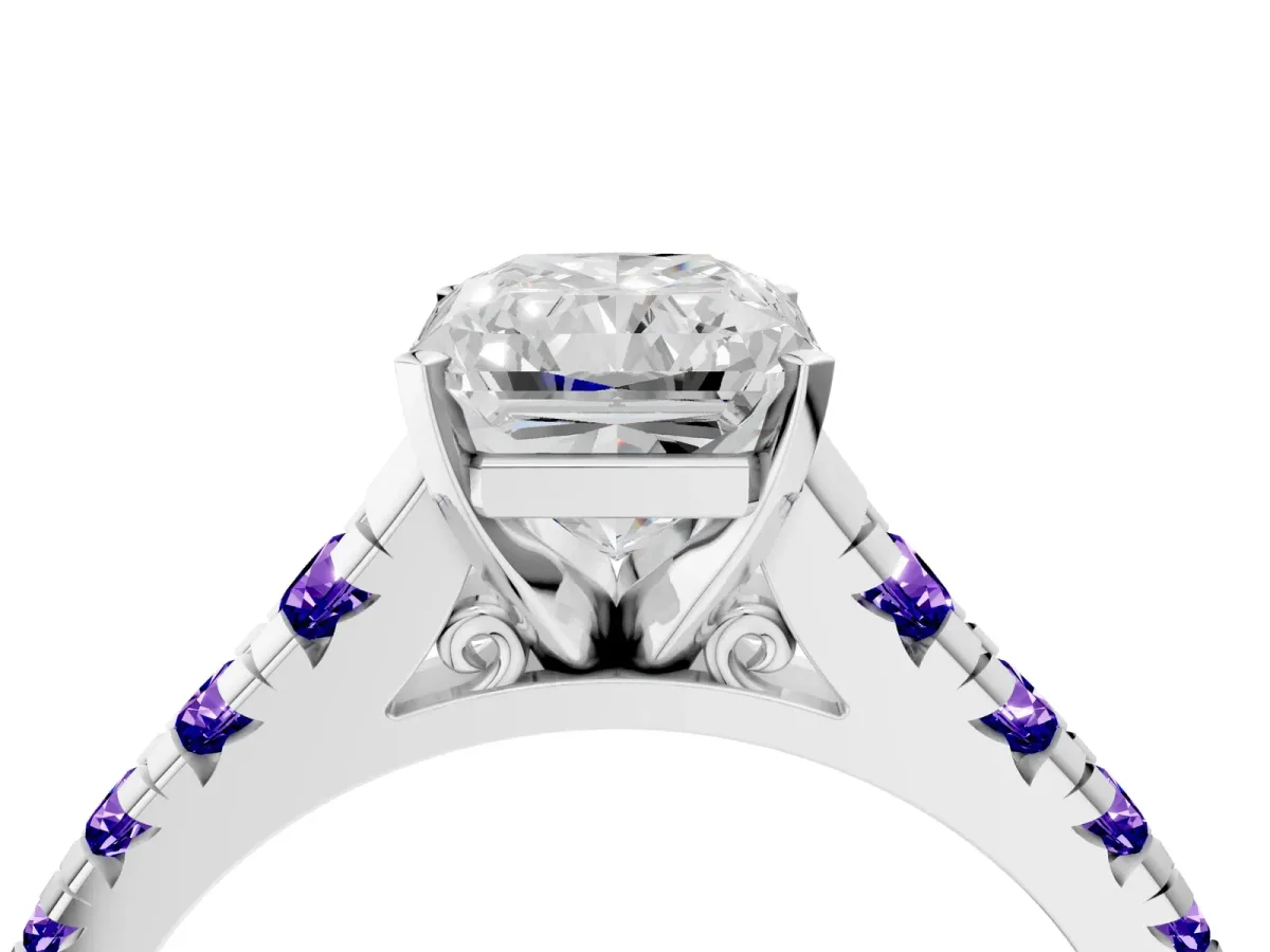 Radiant Cut Diamond Cathedral Solitaire Ring with Round Tanzanite Pavé Band Silver