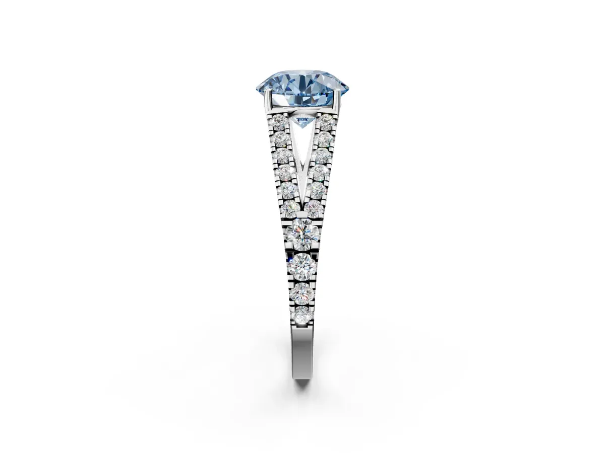 Fancy Blue Round Cut Diamond Split Shank Engagement Ring with Round Pavé and Prong Setting Platinum