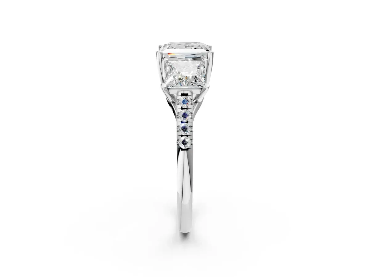 Three-Stone Princess Cut Diamond Ring with Round Moissanite Pavé Band and Prong Setting Silver