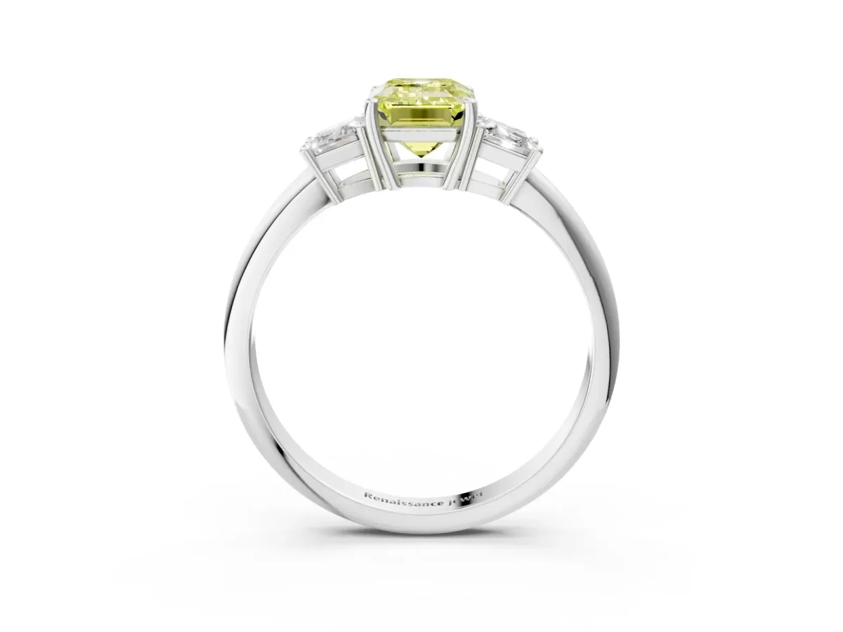 Fancy Yellow Emerald Cut Diamond Three-Stone Ring with Trapezoid Side Stones and Prong Setting Platinum