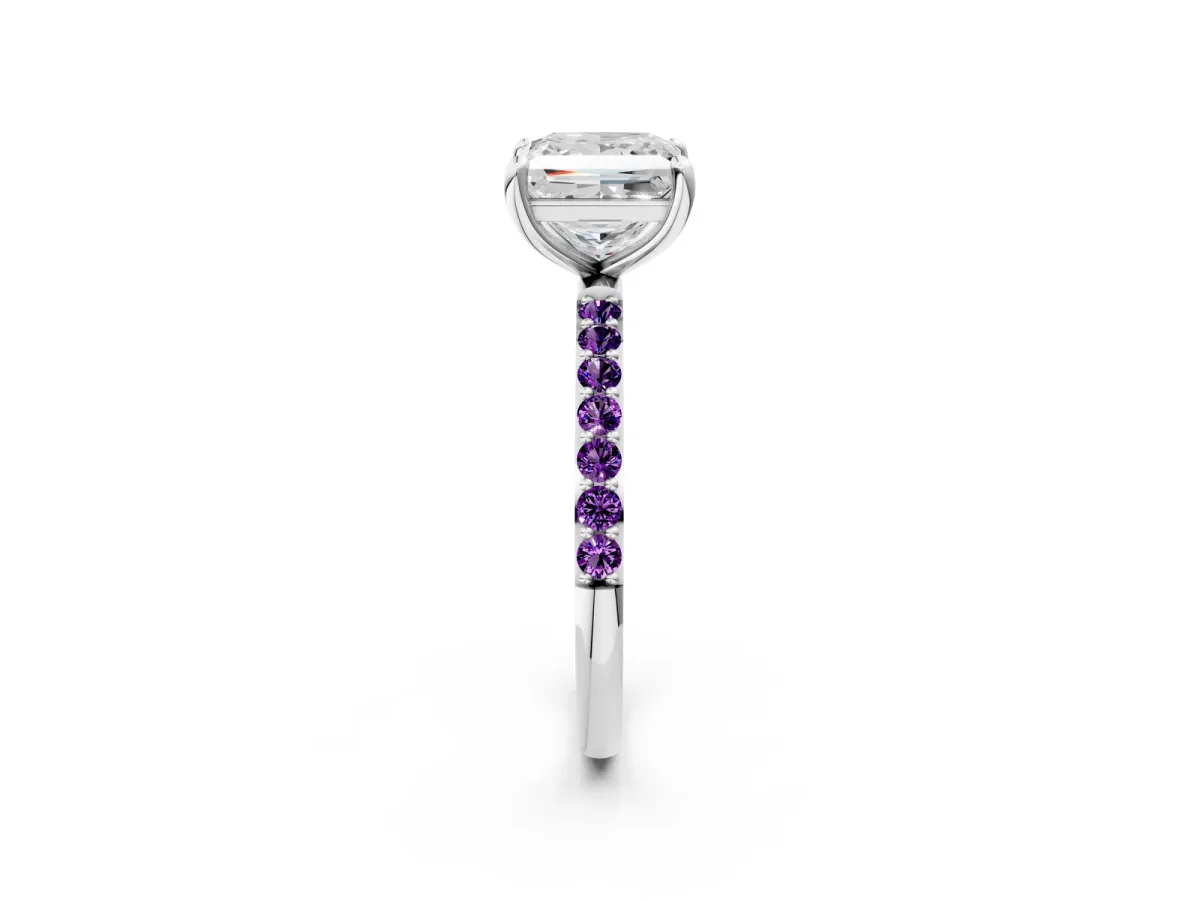 Princess Cut Diamond Solitaire Ring with Round Amethyst Pavé Band and Prong Setting Silver