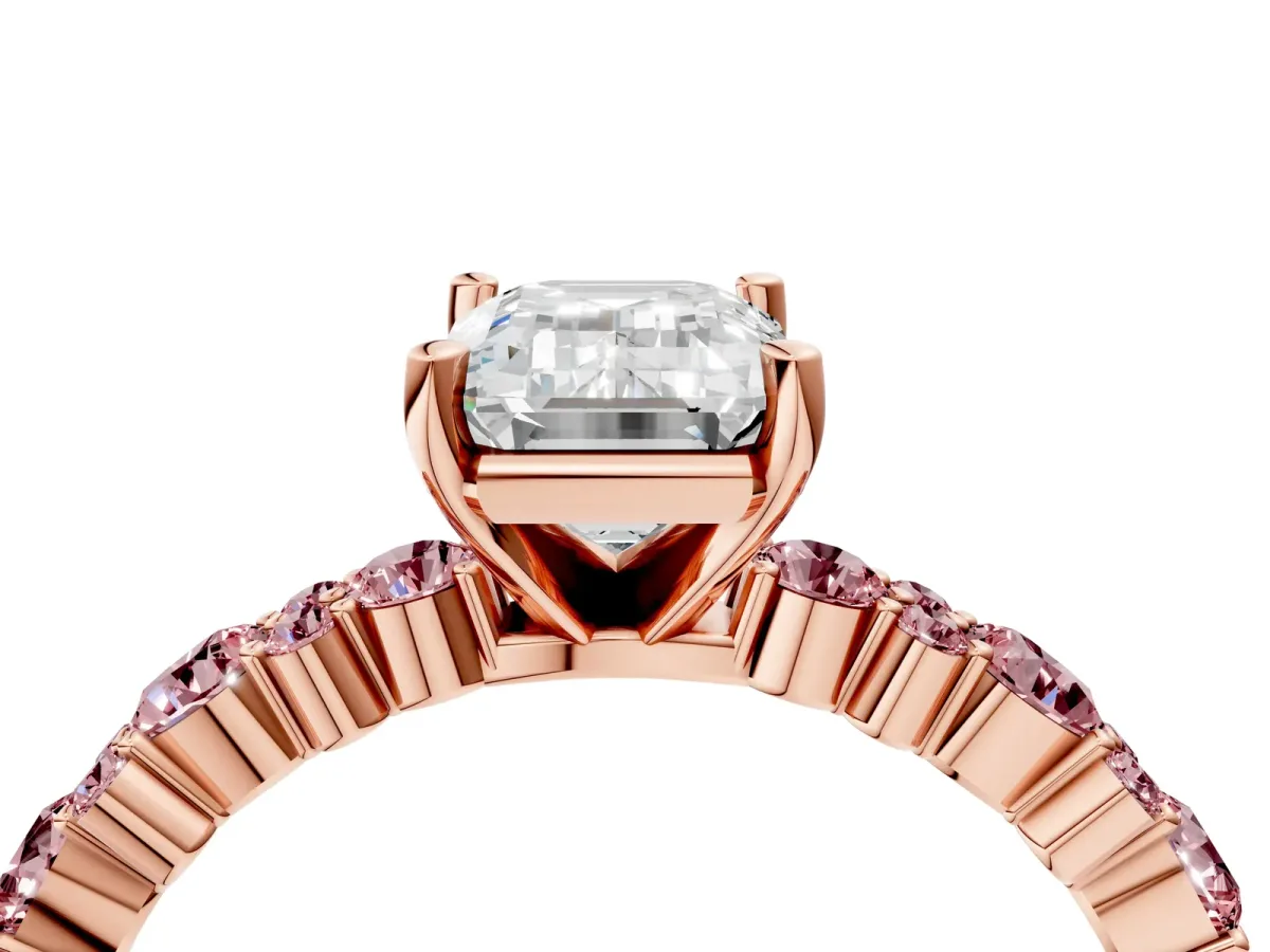 Emerald Cut Diamond Side Stone Solitaire Ring with Round Morganite and Four-Prong Setting Rose gold