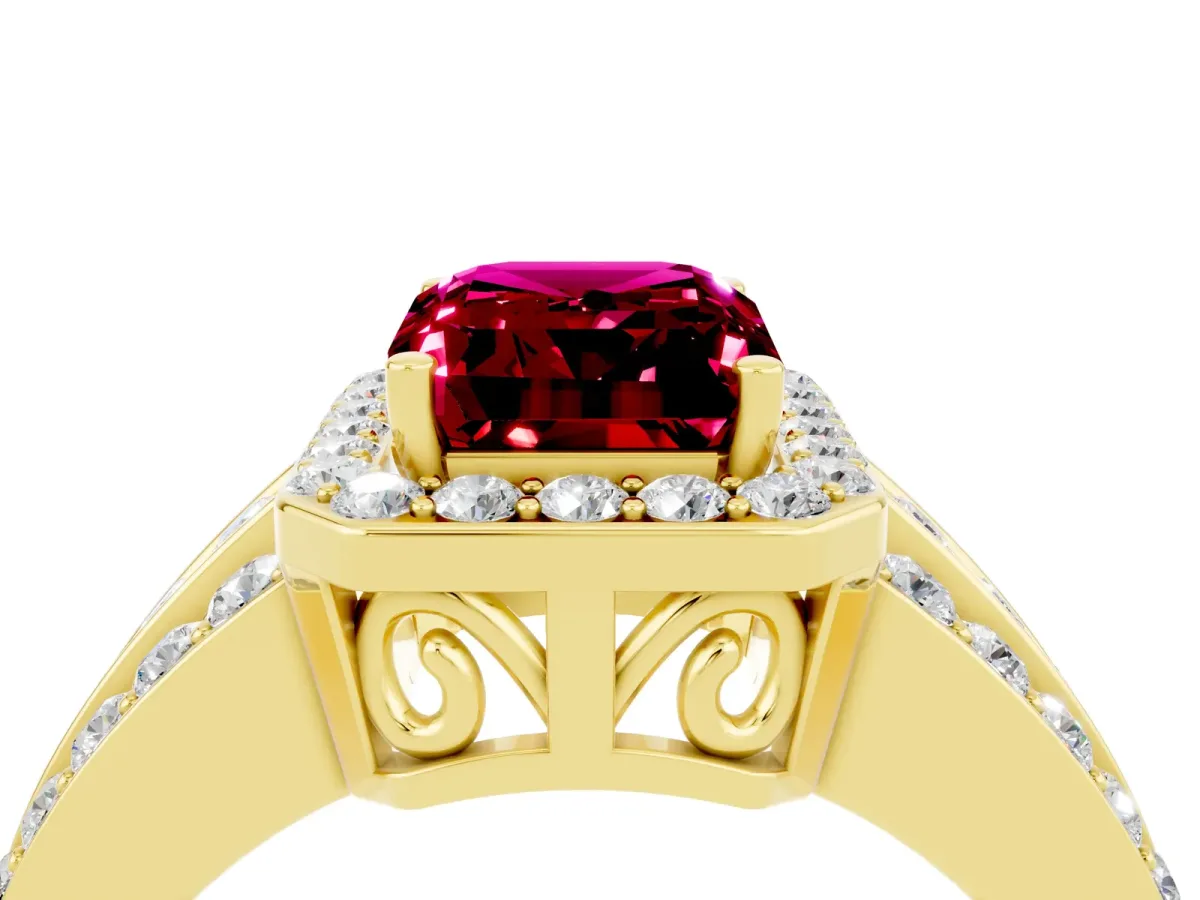 Emerald Cut Halo Garnet Ring with Round Split Shank and Prong Setting Yellow gold