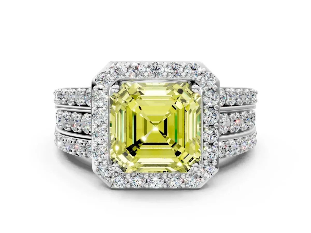 Fancy Yellow Asscher Cut Halo Diamond Ring with Round Split Shank and Prong Setting Silver