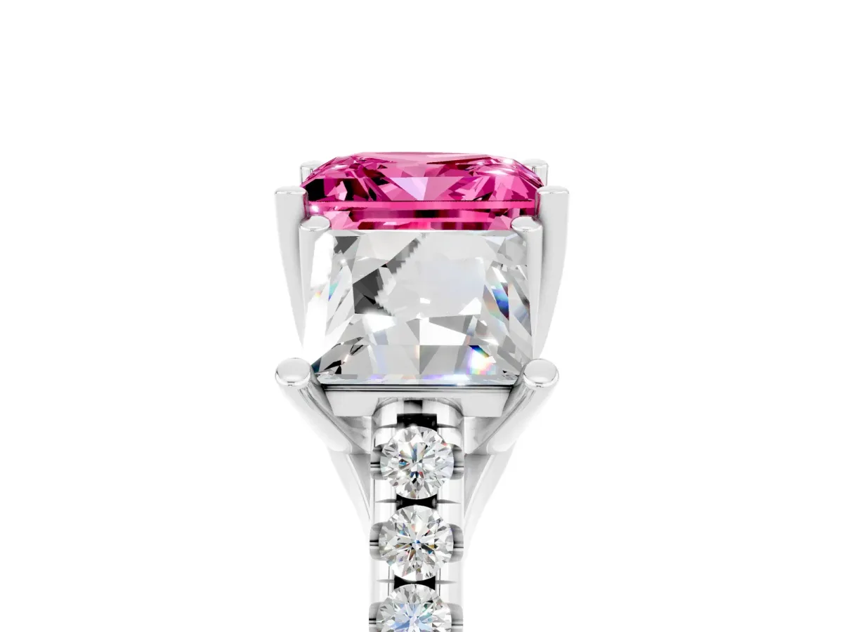 Three-Stone Princess Cut Pink Sapphire Ring with Round Pavé Band and Prong Setting Silver
