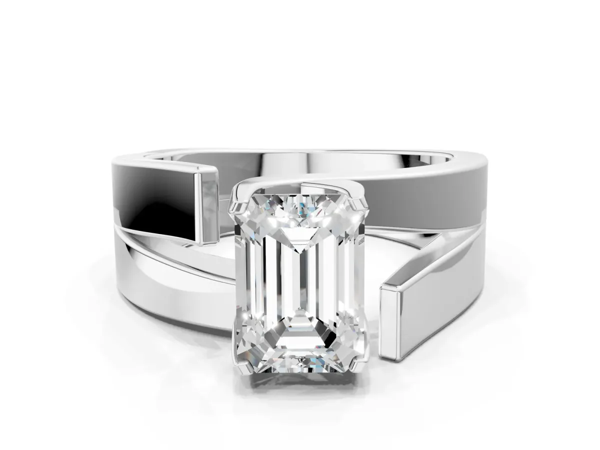 Modern Tension Set Emerald Cut Diamond Solitaire Wide Band Ring Platinum