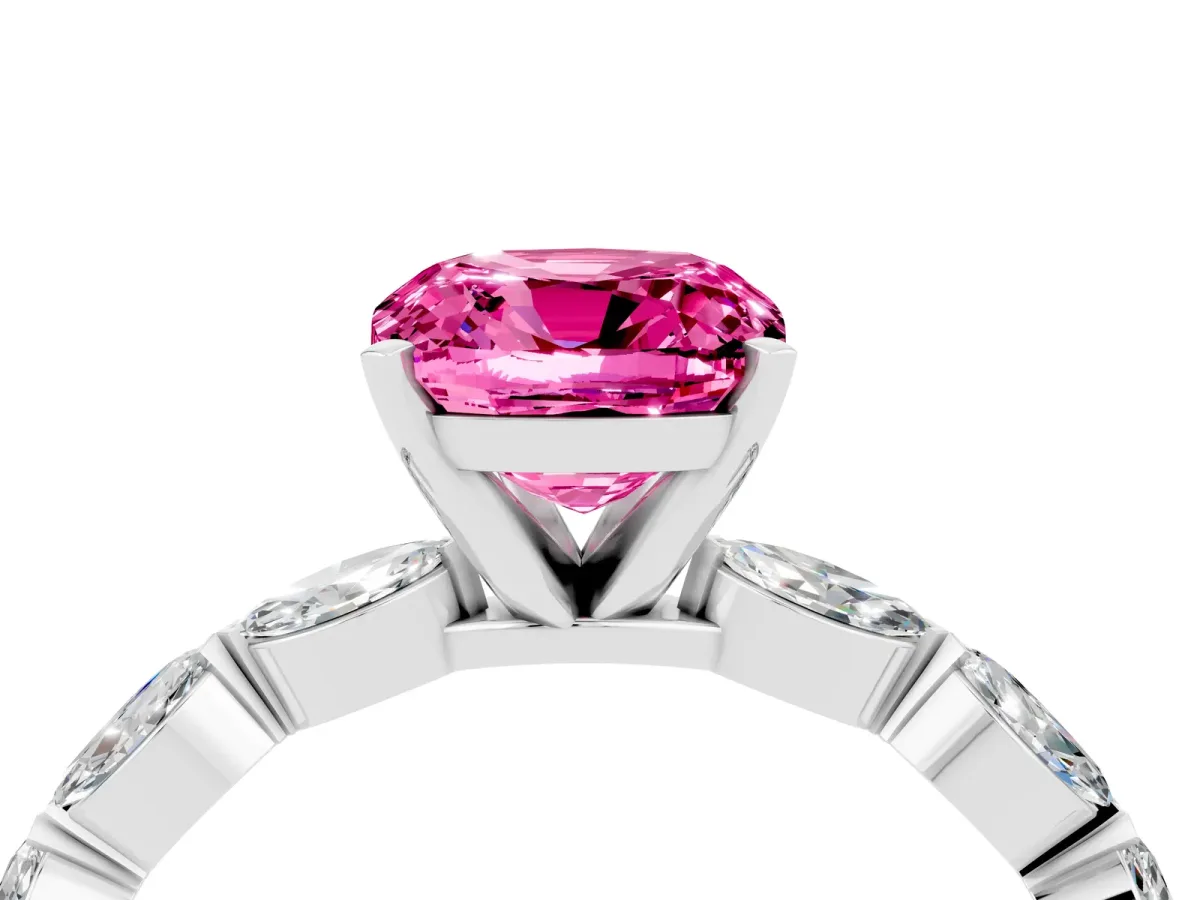 Cushion Cut Pink Sapphire Ring with Marquise Side Stones and Prong Setting Platinum