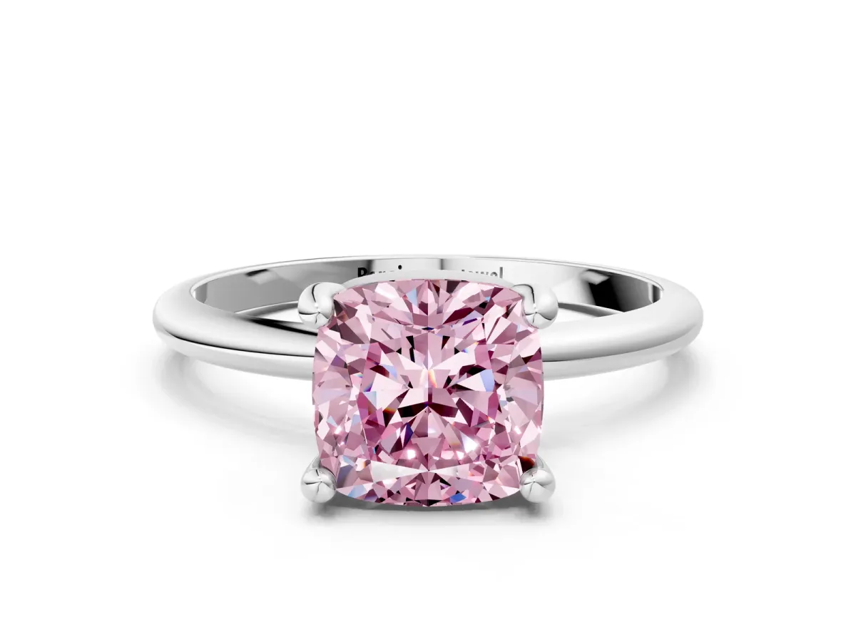 Fancy Pink Cushion Cut Solitaire Diamond Ring with 4-Prong Setting on a Classic Band Silver