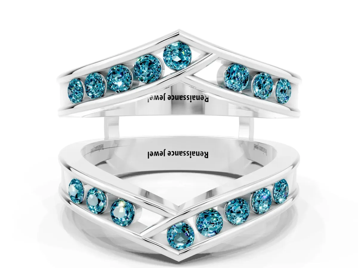 Round Blue Topaz Channel-Set Chevron Band Silver