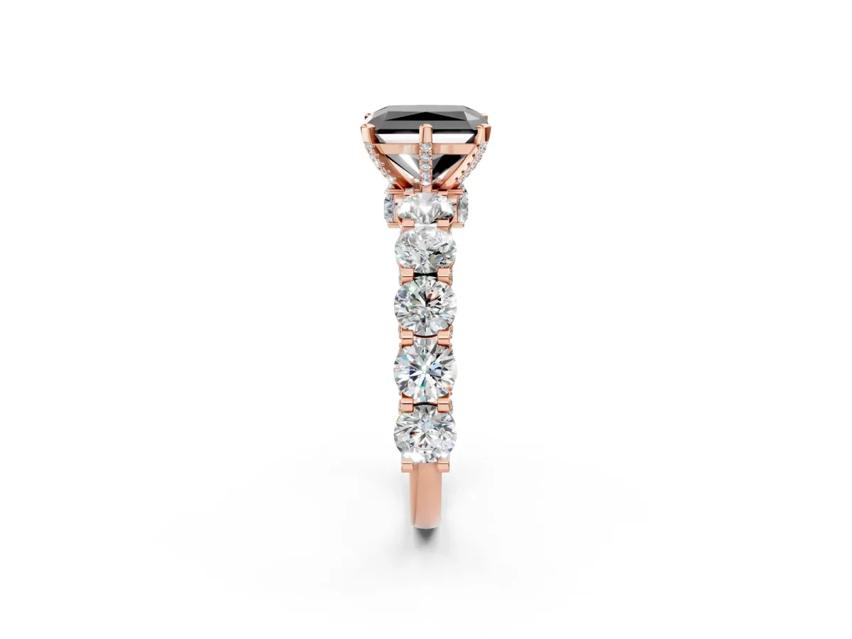 Fancy Black Radiant Cut Diamond Side Stone Engagement Ring with Four-Prong Setting Rose gold