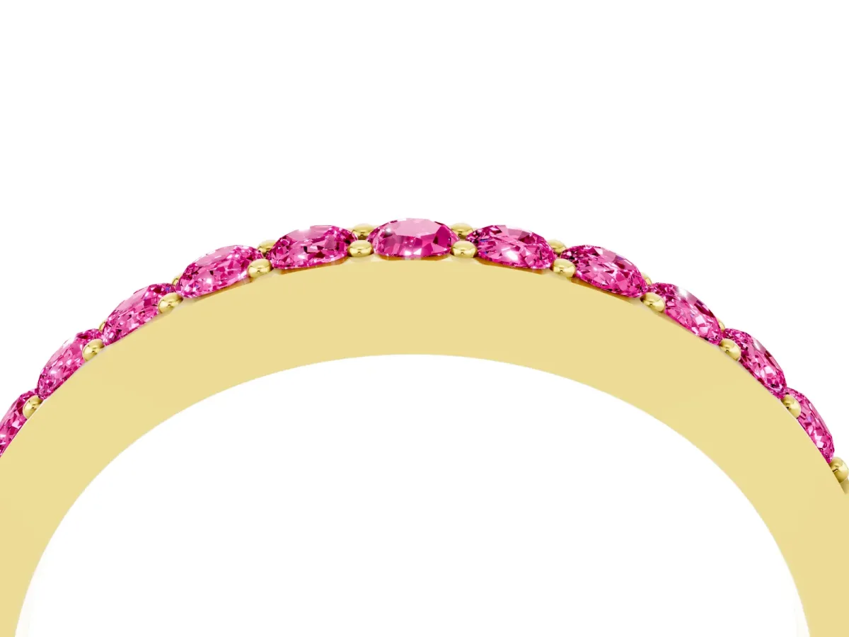Round Pink Sapphire Curved Wedding Band with Channel Setting Yellow gold