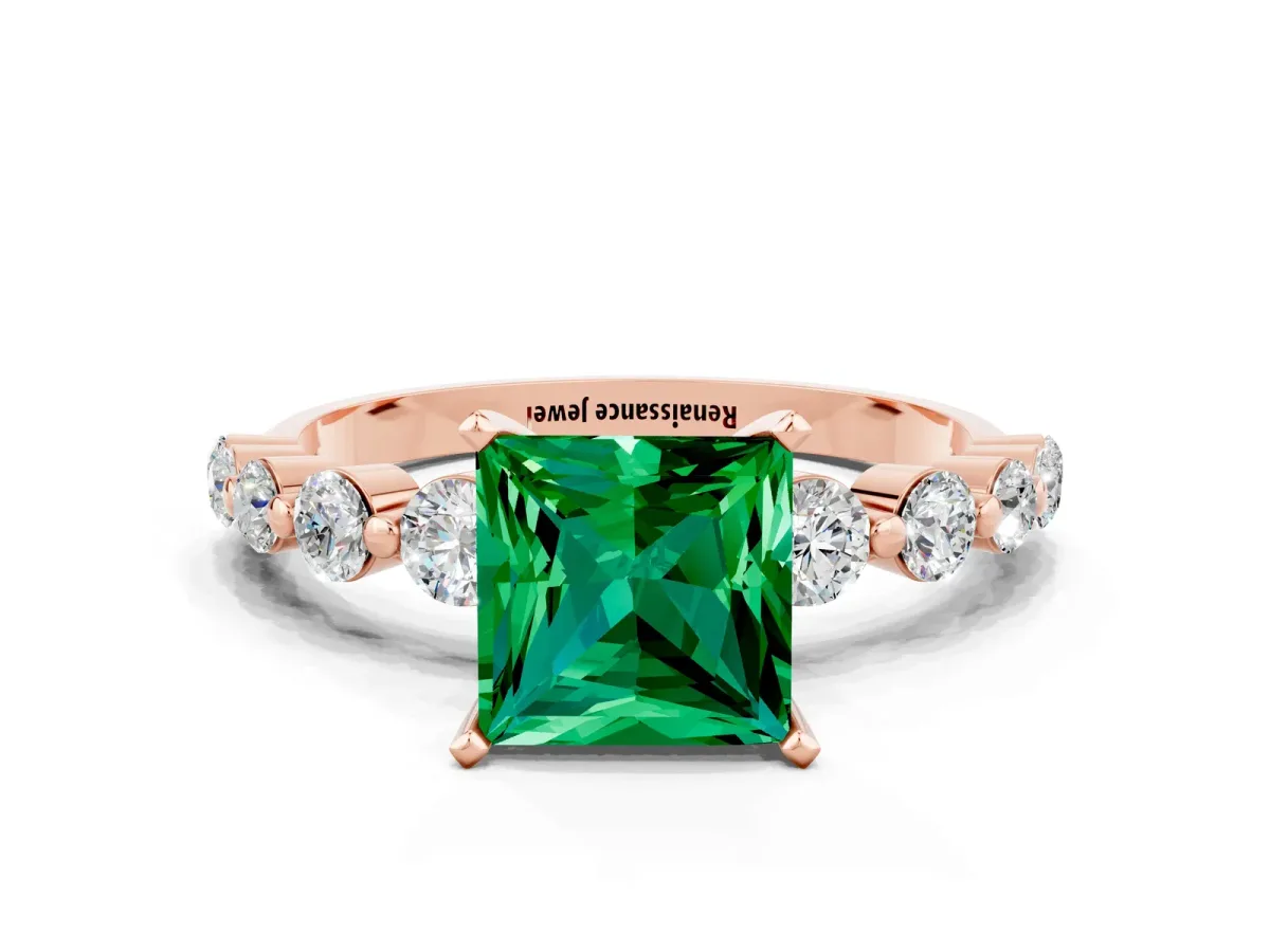 Princess Cut Solitaire Emerald Ring with Pave Band and Four-Prong Setting Rose gold