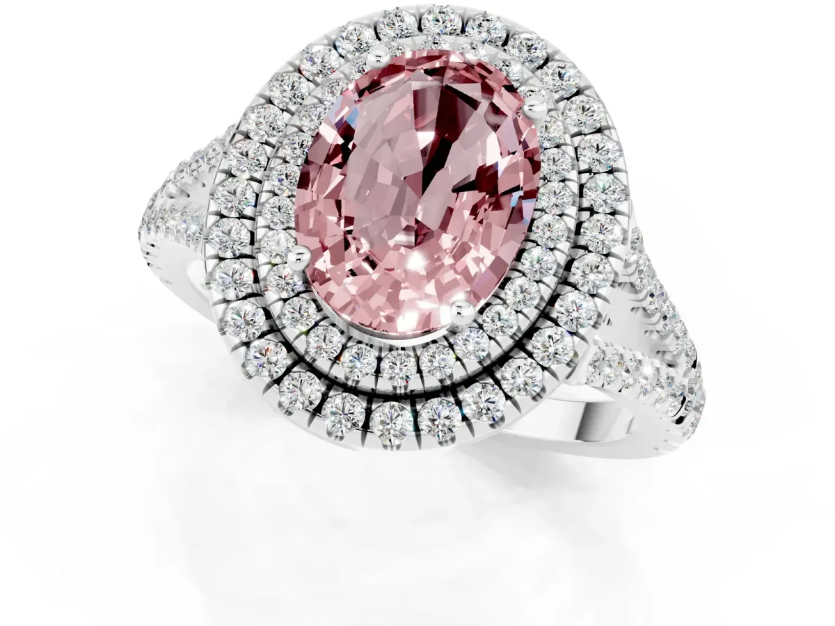 Oval Cut Morganite Double Halo Ring with Pavé Band and Prong Setting Silver