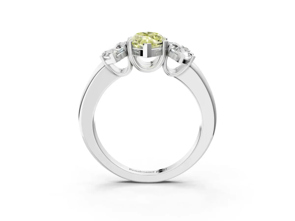 Fancy Yellow Three-Stone Marquise Cut Cut Diamond Ring with Channel Set Band and Four-Prong Setting Silver