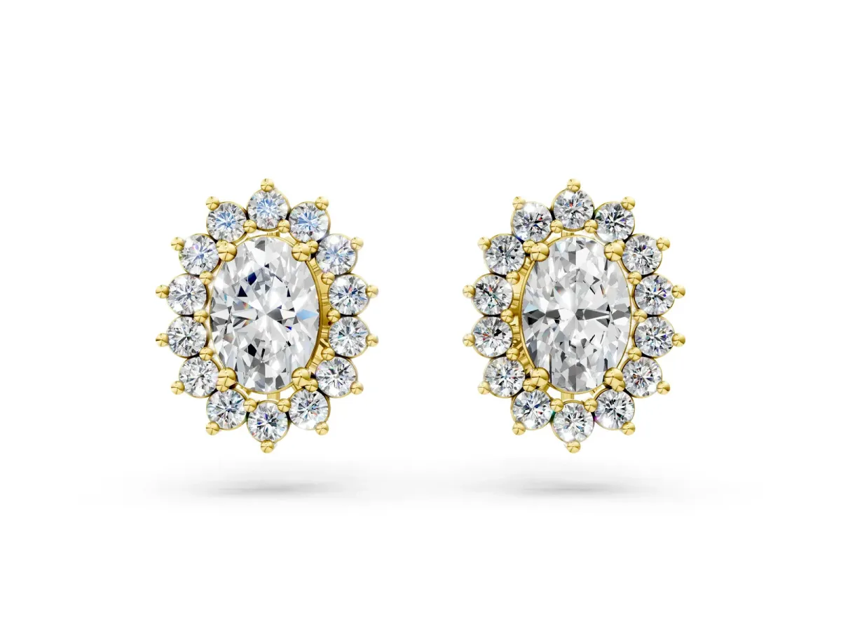 Oval Diamond Floral Halo Stud Earrings Yellow gold
