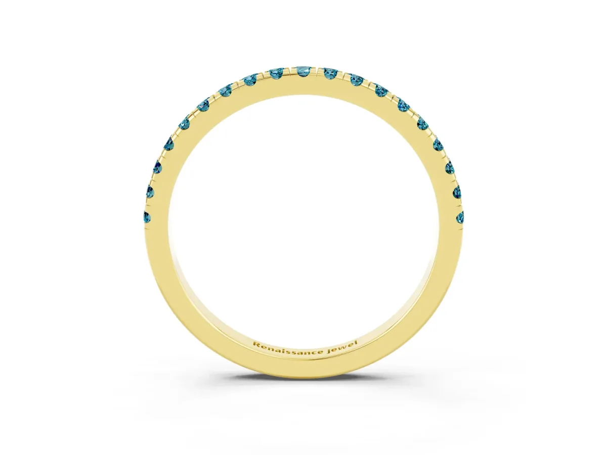 Pavé Round Blue Topaz Half Eternity Band with Shared Prong Setting Yellow gold