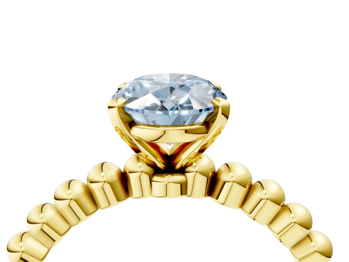 Fancy Blue Oval Cut Diamond Solitaire Ring with Beaded Band and Prong Setting Yellow gold