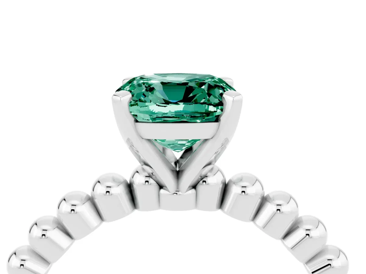 Cushion Cut Green Sapphire Solitaire Ring with Beaded Band and Prong Setting Silver