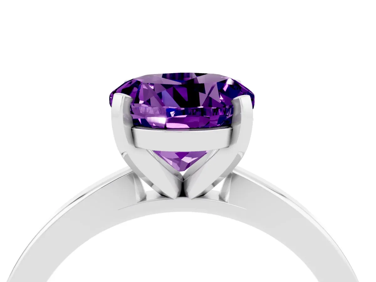 Round Cut Amethyst Solitaire Engagement Ring with Classic Band and Four-Prong Setting Silver