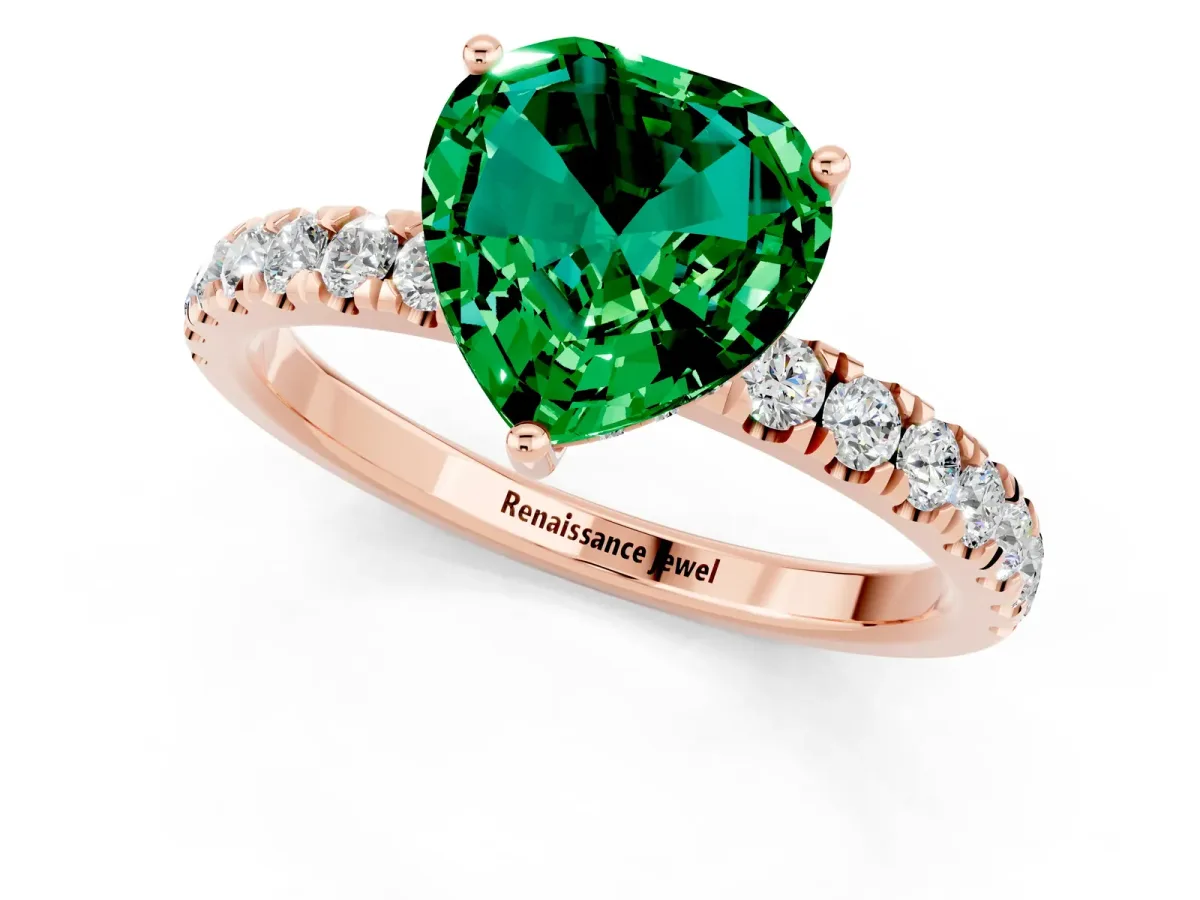 Heart Cut Emerald Pave Band Solitaire Ring with Round and Prong Setting Rose gold