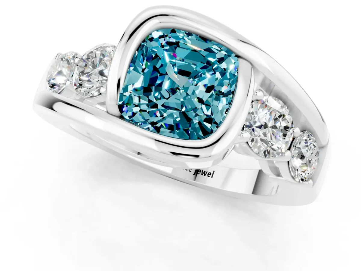 Bezel Set Cushion Cut Blue Topaz Bypass Ring with Round Accents Silver