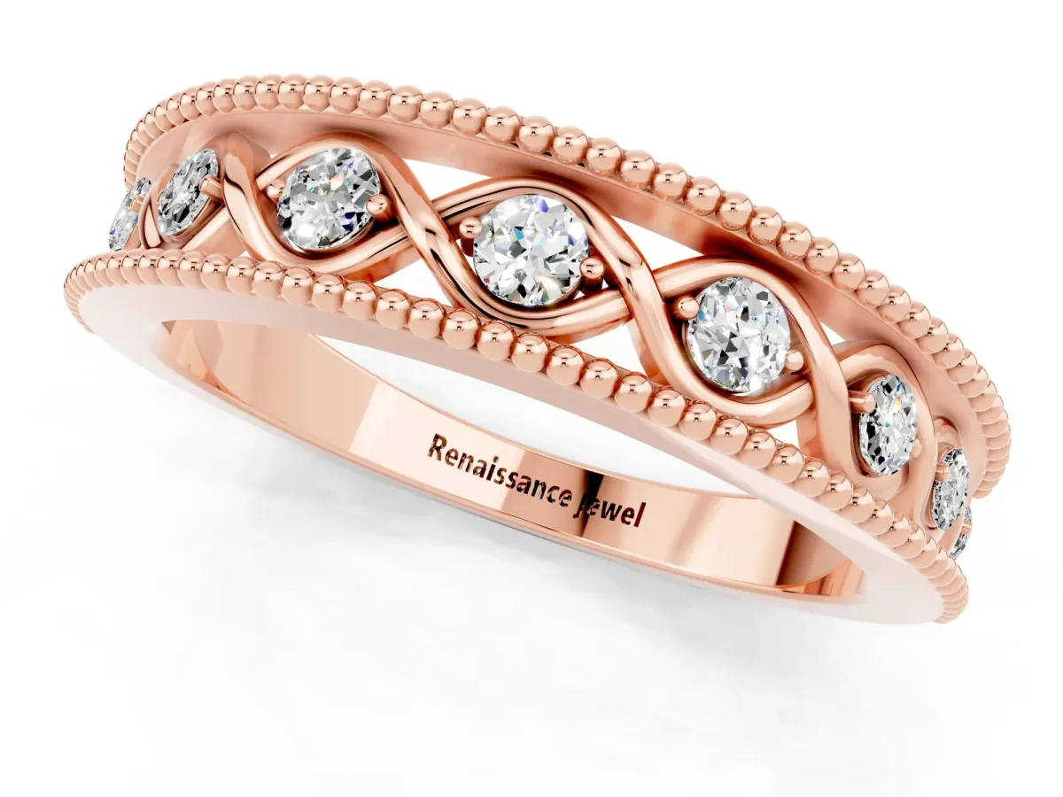 Round Moissanite Twist Milgrain Band with Bezel Setting Rose gold
