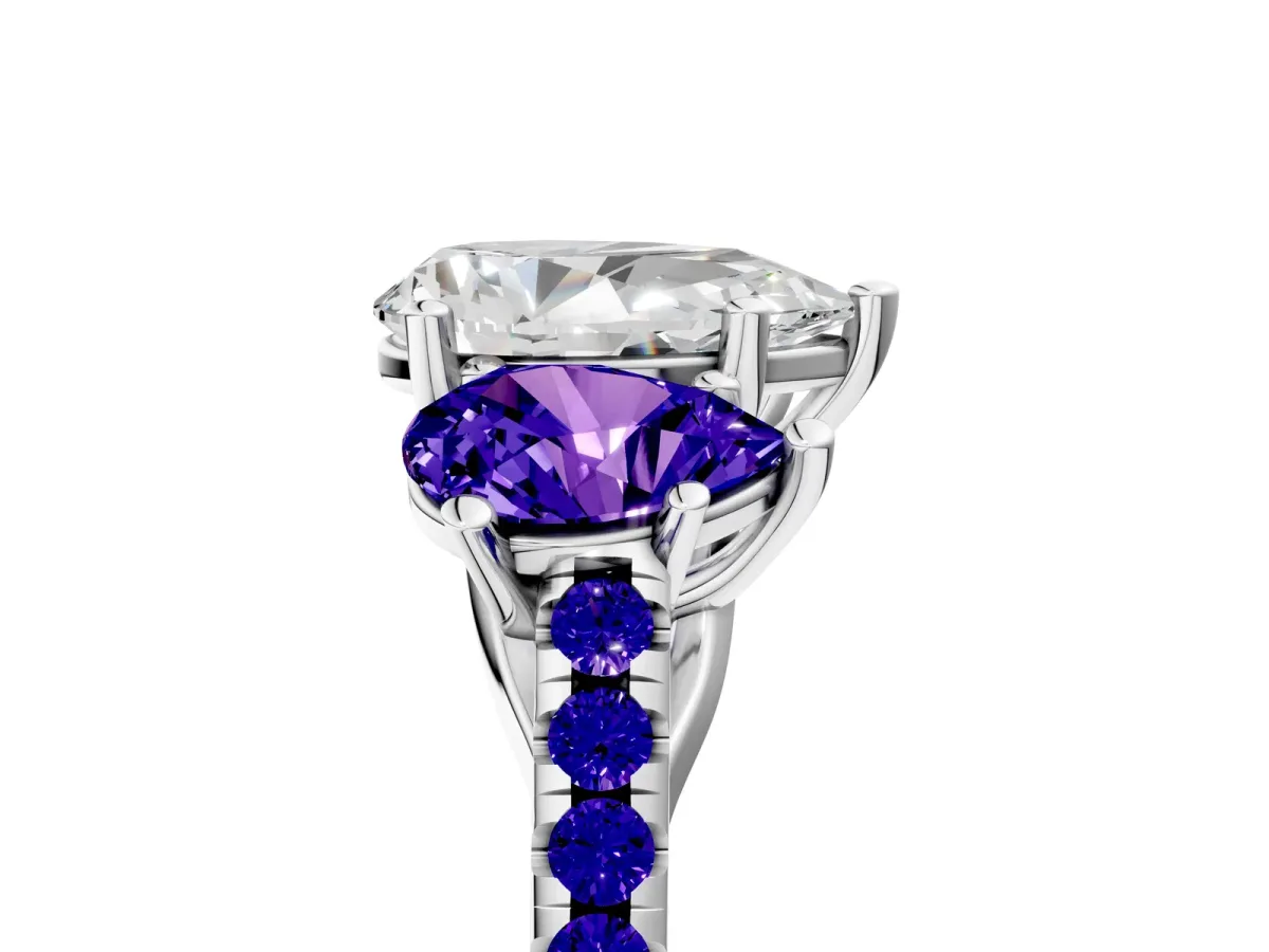 Three-Stone Pear Cut Diamond Ring with Round Tanzanite Pavé Band and Prong Setting Silver