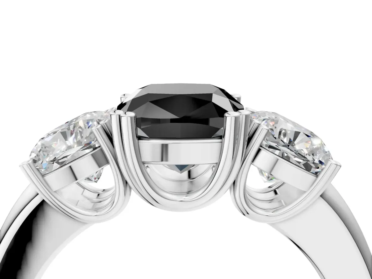 Fancy Black Three-Stone Cushion Cut Cut Diamond Ring with Channel Set Band and Four-Prong Setting Silver
