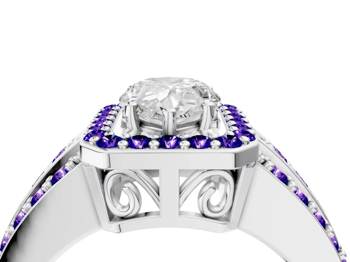 Pear Cut Halo Diamond Ring with Round Tanzanite Split Shank and Prong Setting Silver