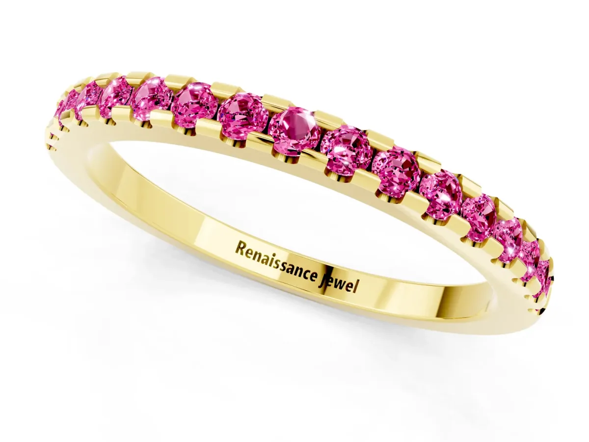 Round Pink Sapphire Pavé Set Eternity Band with Micro Prong Setting Yellow gold