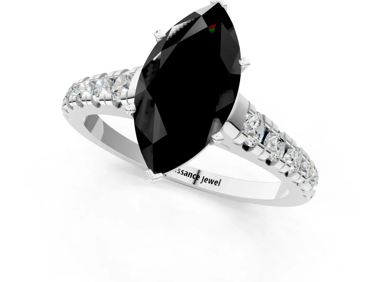 Fancy Black Marquise Cut Diamond Cathedral Solitaire Ring with Round Pavé Band Silver