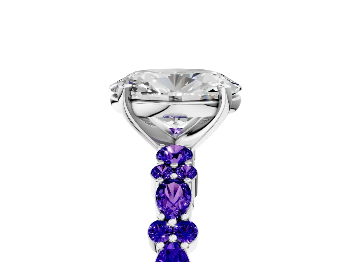 Oval Cut Diamond Side Stone Solitaire Ring with Round Tanzanite and Four-Prong Setting White gold