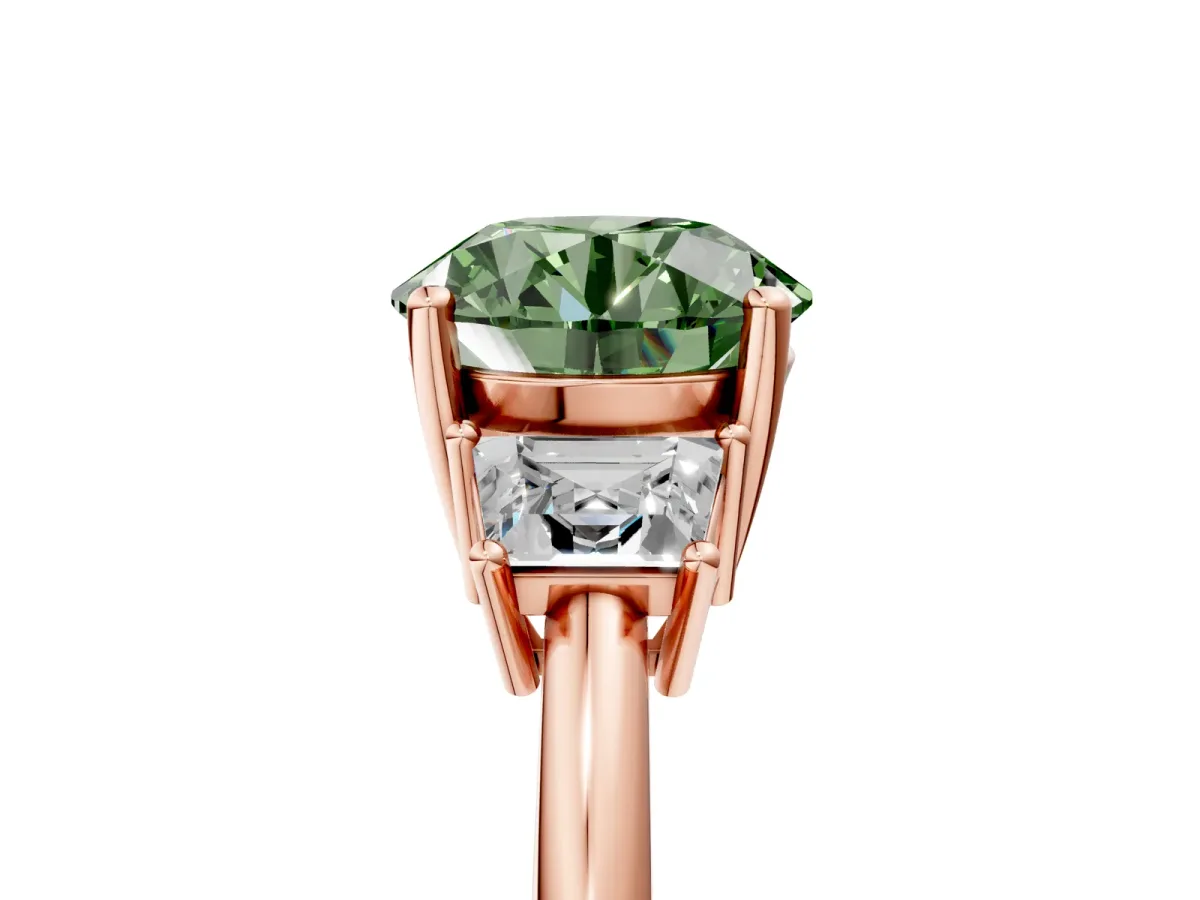 Fancy Green Round Cut Diamond Three-Stone Ring with Trapezoid Side Stones and Prong Setting Rose gold