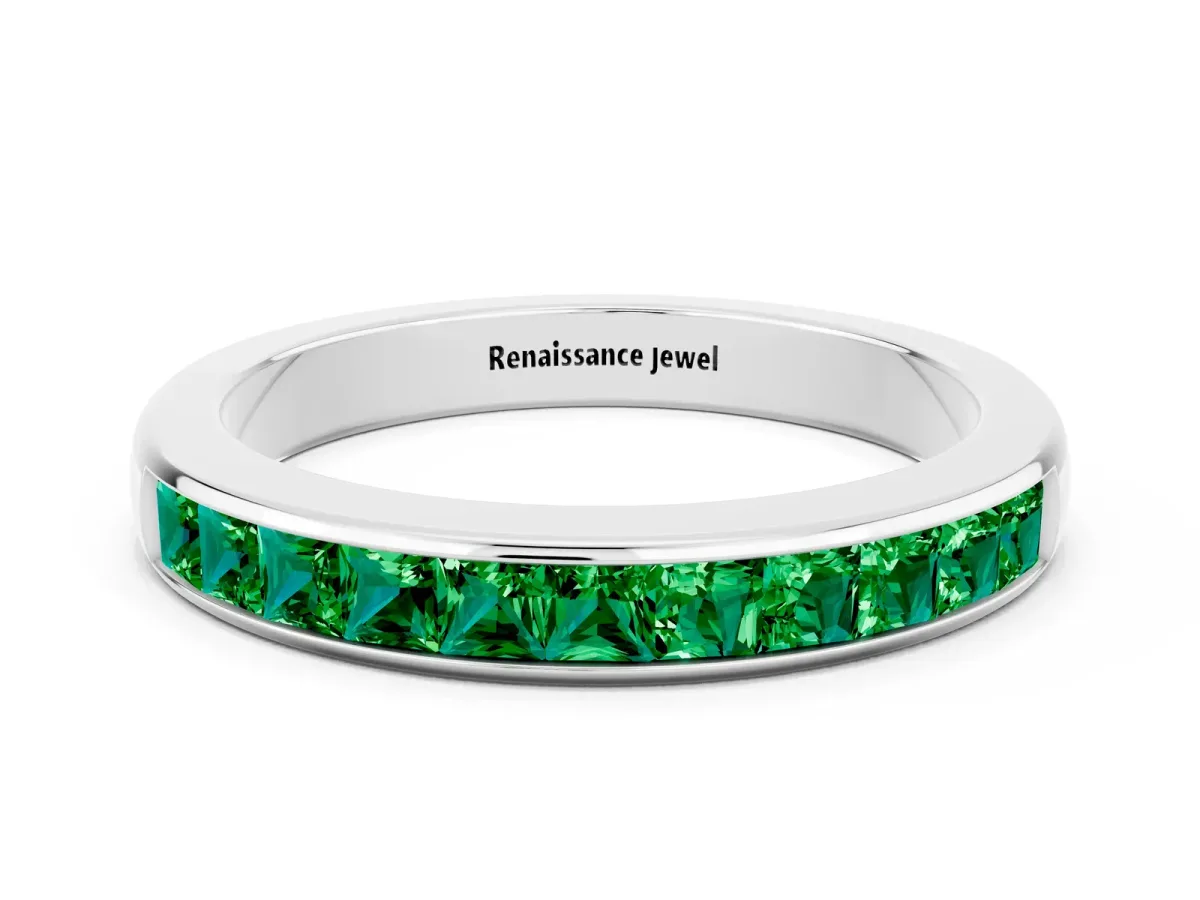 Channel Set Princess Cut Emerald Eternity Band Silver