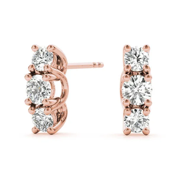 Three-Stone Round Diamond Channel Band Prong-Set Earrings Rose gold