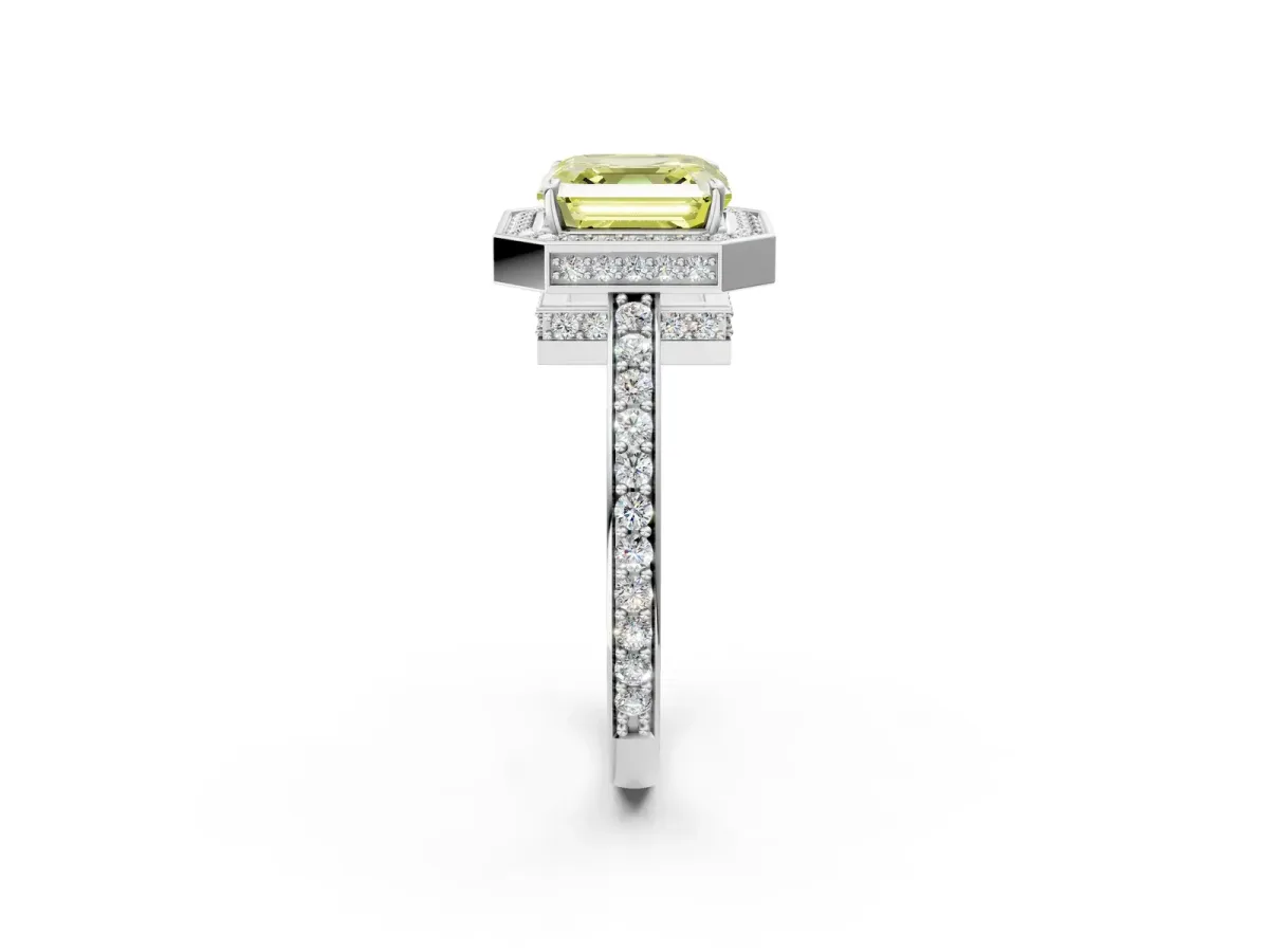 Fancy Yellow Asscher Cut Halo Pave Band Solitaire Ring with Prong Setting Platinum
