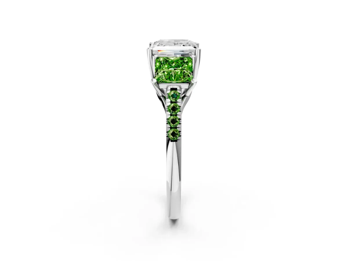 Three-Stone Princess Cut Diamond Ring with Round Peridot Pavé Band and Prong Setting Silver