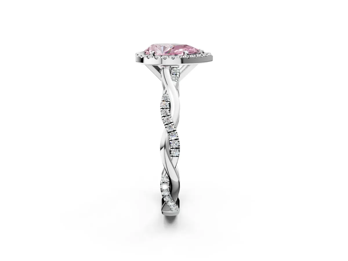 Fancy Pink Pear Cut Cut Halo Twisted Band Four-Prong Ring Platinum