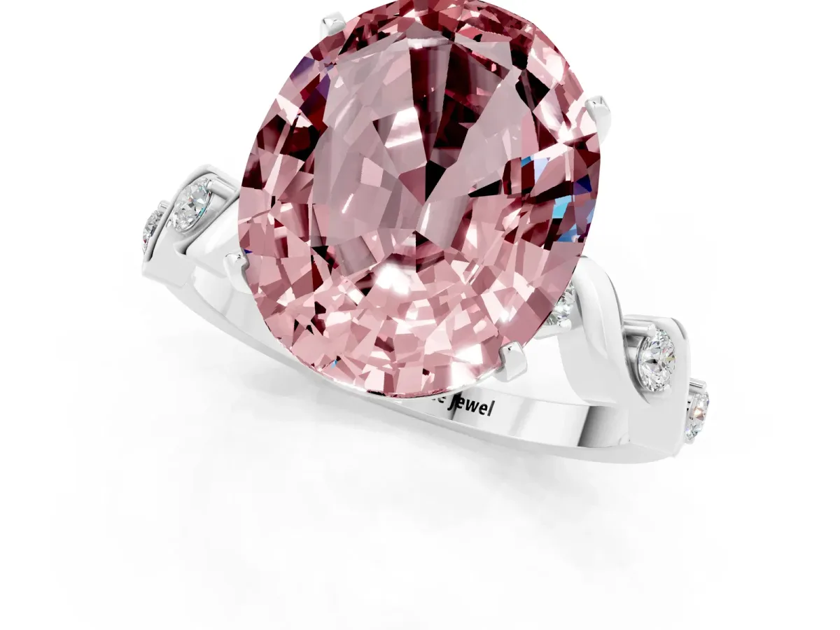 Oval Cut Morganite Solitaire Twisted Band with Round Accents and Prong Setting Silver