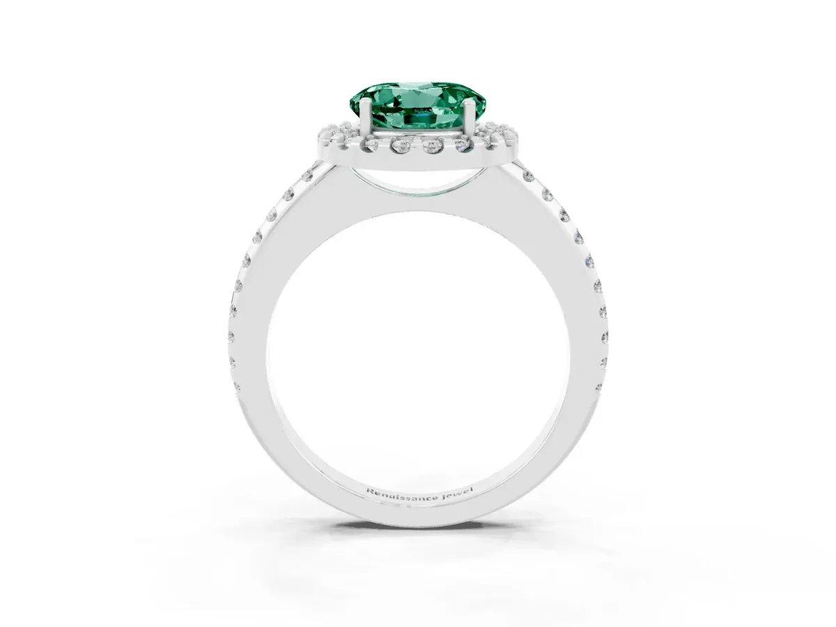 Round Cut Green Sapphire Pavé Halo Ring with Four-Prong Setting Platinum