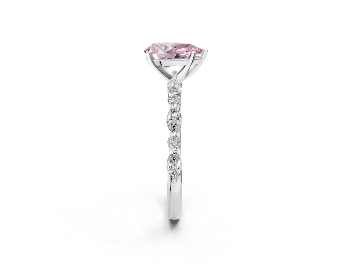 Fancy Pink Pear Cut Diamond Ring with Marquise and Round Side Stones and Four-Prong Setting Silver