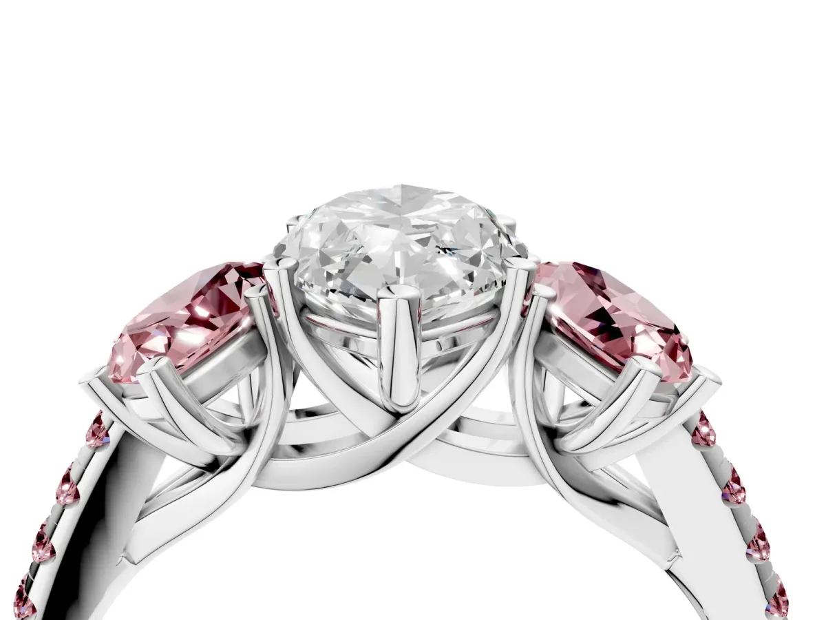 Three-Stone Marquise Cut Diamond Ring with Round Morganite Pavé Band and Prong Setting Silver
