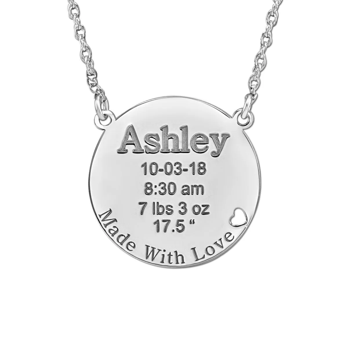 Round Engraved Baby Birth Pendant with Heart Cutout Silver