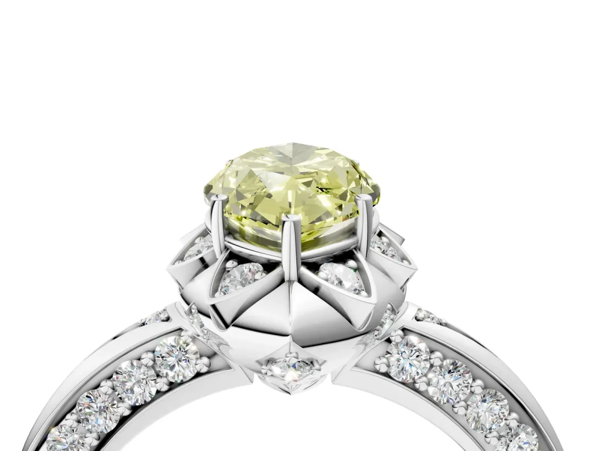 Fancy Yellow Marquise Cut Halo Split Shank Pave Diamond Ring with Petal Prong Setting Platinum
