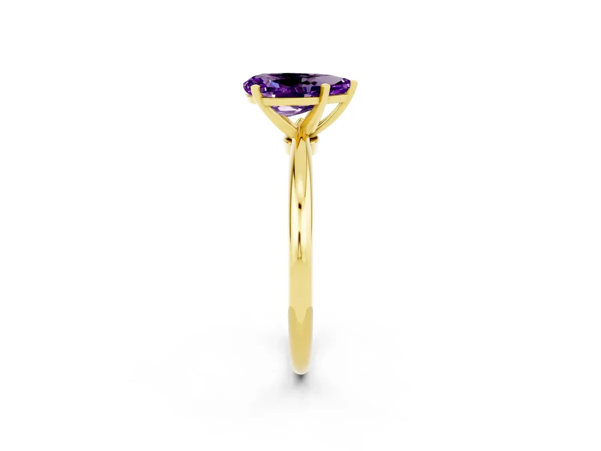 Pear Cut Amethyst Solitaire Ring with Six-Prong Setting and Classic Band Yellow gold