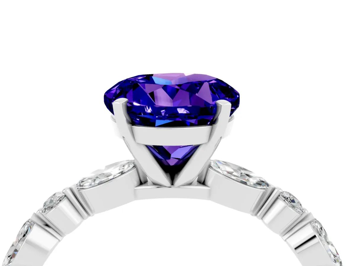 Round Cut Tanzanite Ring with Marquise and Round Side Stones and Four-Prong Setting Silver